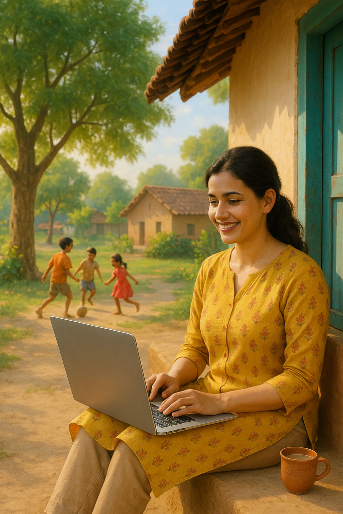 A woman in a yellow outfit working on a laptop while seated outside a rural home, with children playing in the background.